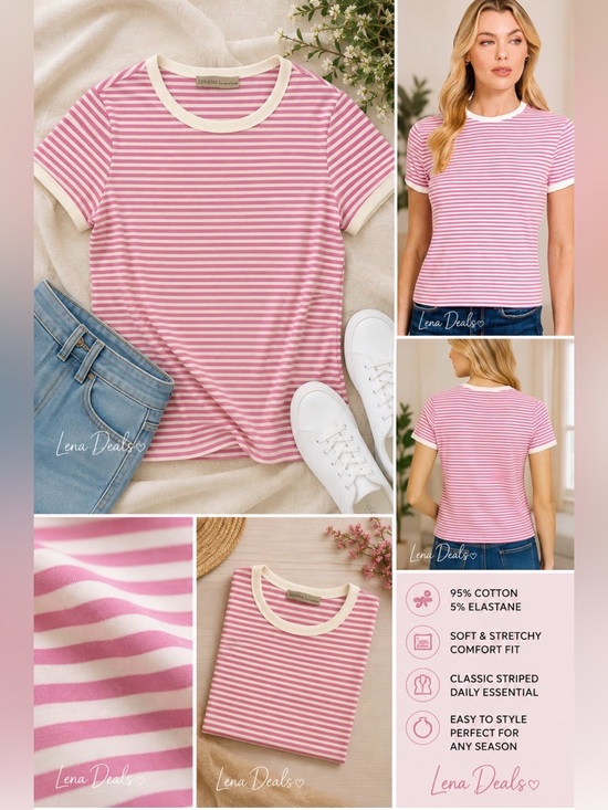 Zenana Outfitters Tops - ZENANA Striped Ribbed Crewneck T - Shirt Women’s Candy Pink Sz Small Cotton